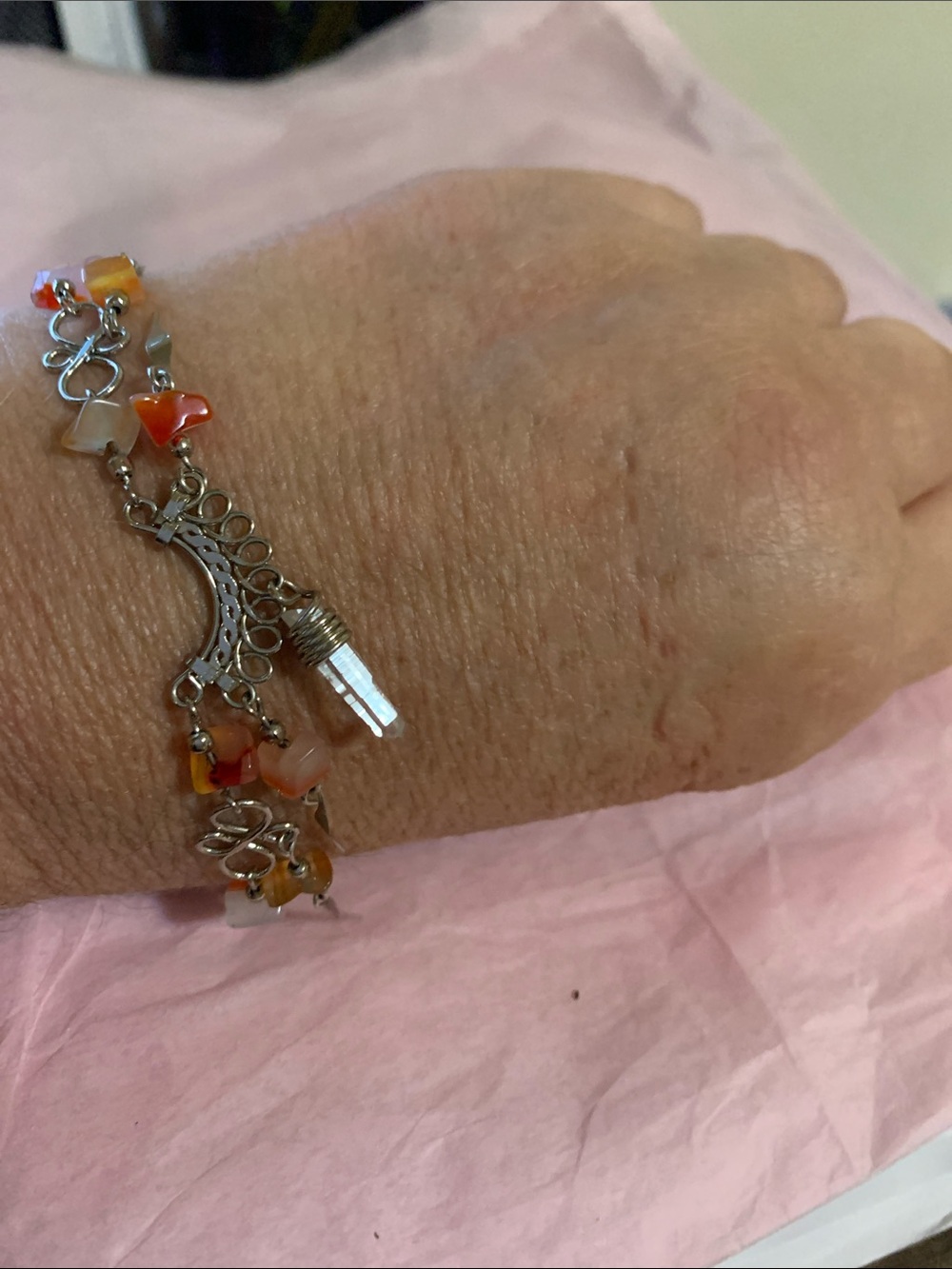 Silver-Tone Bracelet with Orange and Cream Beads and Clear Crystal Charm